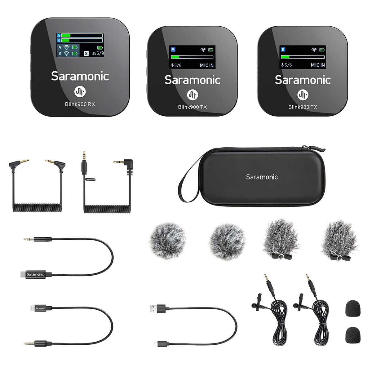 Saramonic 2-Person Wireless Mic System with Premium Lavaliers for Cameras, Mobile Devices & More with Charging Case and TRS, TRRS, Lightning, USB-C Output Cables (Blink 900 B2) (Blink900 B2)