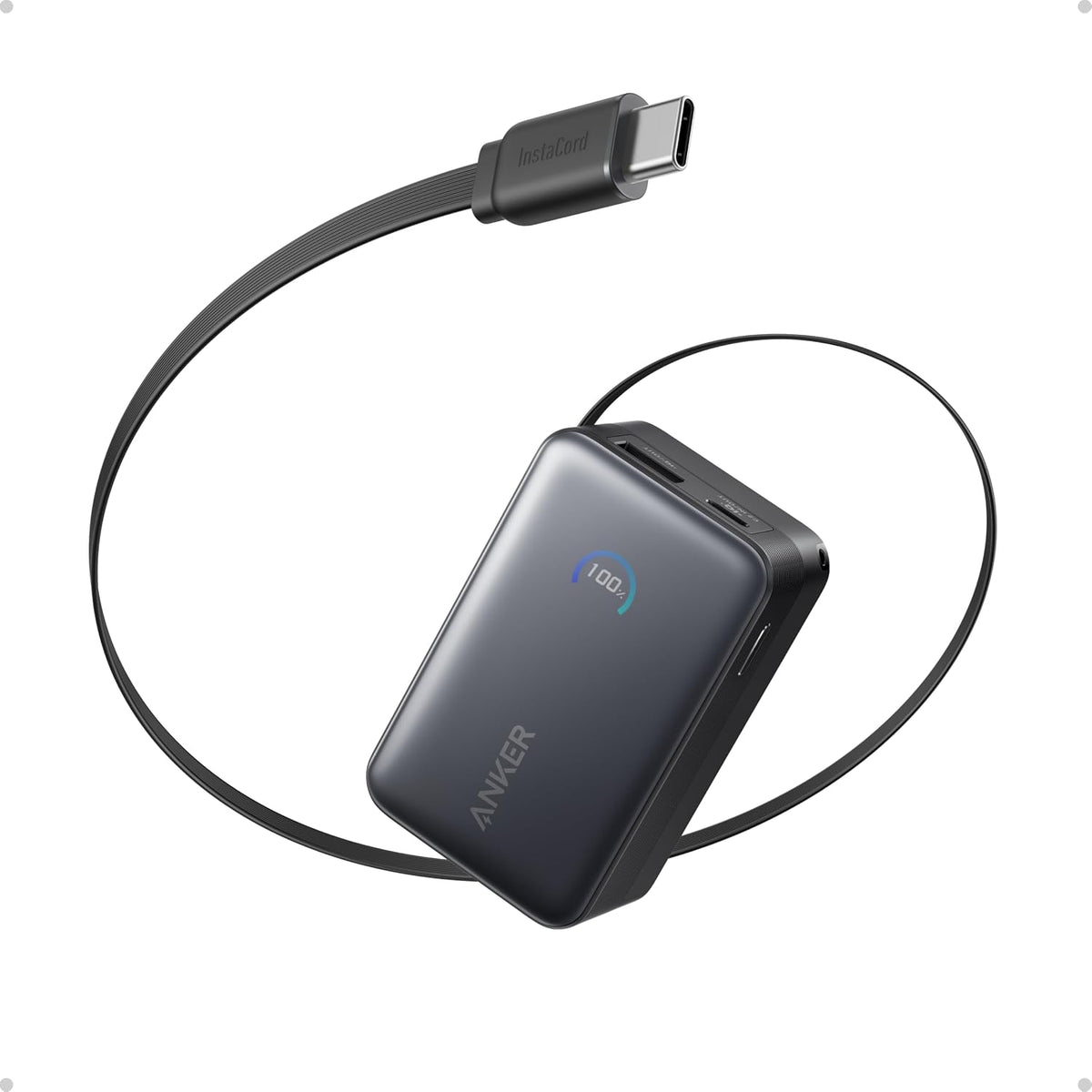Anker Nano Power Bank, 10,000mAh Portable Charger with 2.3 ft InstaCord Retractable Cable, 45W Max Compact Battery Pack, Smart Display, for iPhone 17/16/15 Series, iPad, Galaxy, Pixel, and More