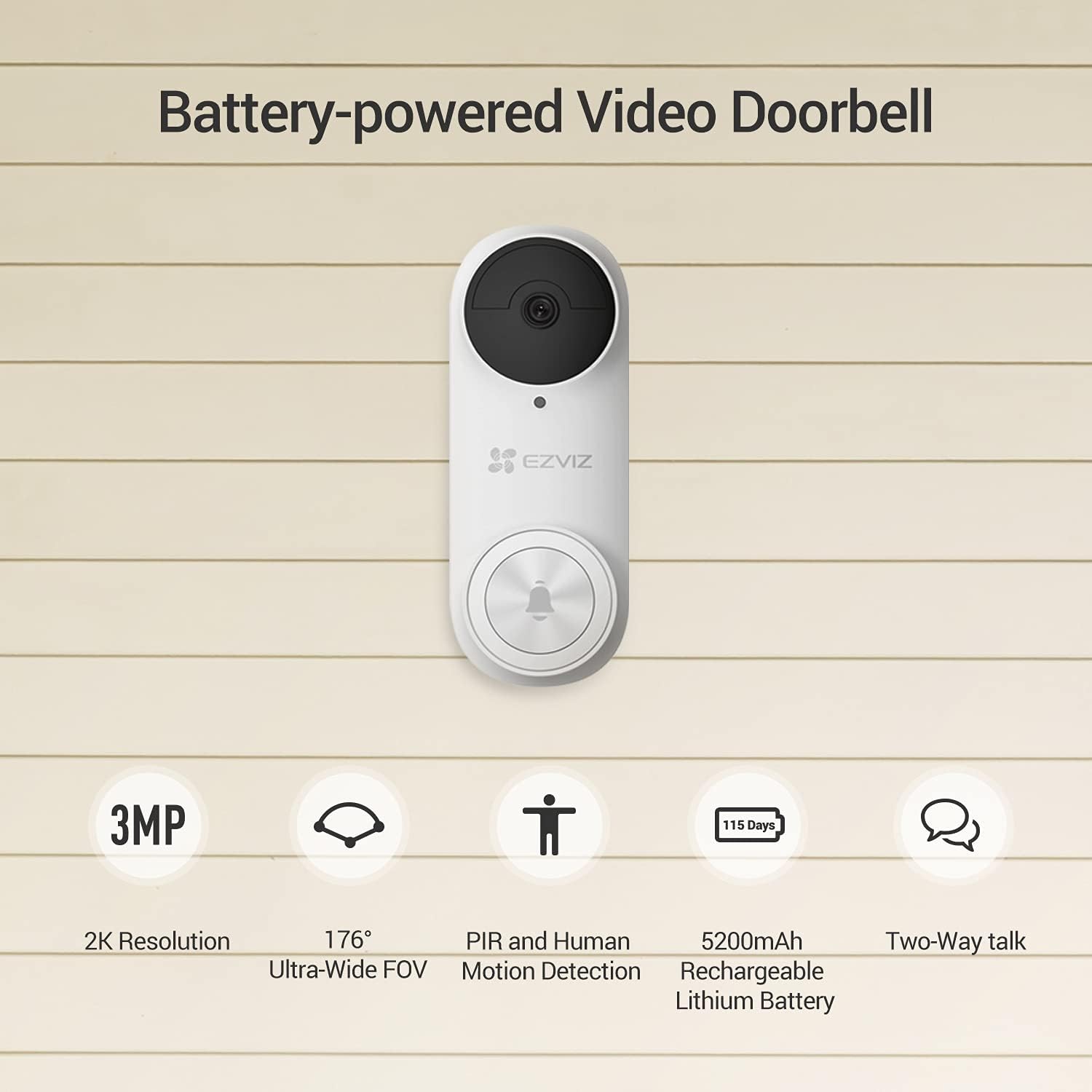 EZVIZ 2K Video Doorbell Battery-Powered Wireless Kit with Chime, 3MP Resolution, AI Human Detection, 4-Month Battery Life, 2.4Ghz WiFi, 2-Way Audio, Weatherproof, 176° Field of View (DB2 KIT)