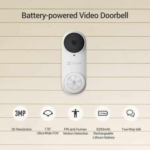 EZVIZ 2K Video Doorbell Battery-Powered Wireless Kit with Chime, 3MP Resolution, AI Human Detection, 4-Month Battery Life, 2.4Ghz WiFi, 2-Way Audio, Weatherproof, 176° Field of View (DB2 KIT)