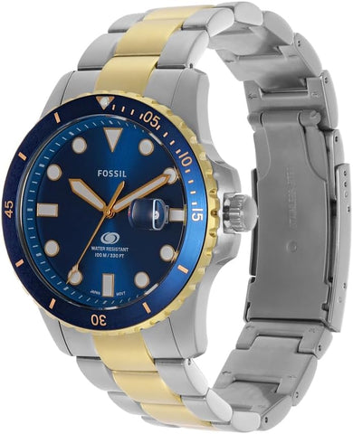 Fossil Men's Blue Quartz Stainless Steel Three-Hand Watch, Color: Two Tone/Blue Taper (Model: FS6034)