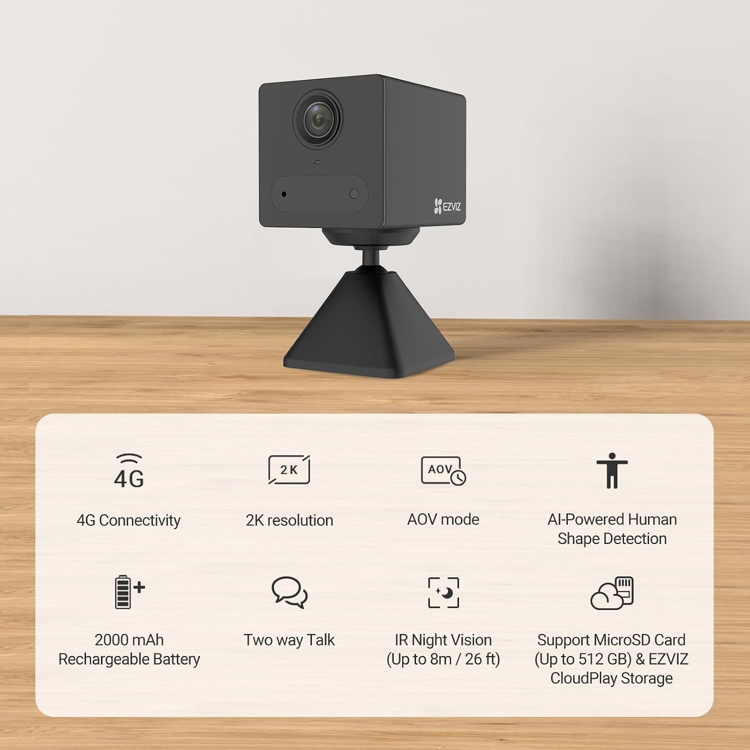 EZVIZ 4G LTE Indoor Surveillance Camera with SIM Card Slot, 2K Battery Camera Without WiFi, Person Detection, AOV Mode, 2-Way Audio, Compatible with Alexa/Google, SD Card Max. 512 GB, CB2 4G Black