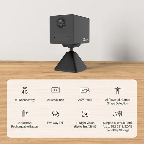 EZVIZ 4G LTE Indoor Surveillance Camera with SIM Card Slot, 2K Battery Camera Without WiFi, Person Detection, AOV Mode, 2-Way Audio, Compatible with Alexa/Google, SD Card Max. 512 GB, CB2 4G Black