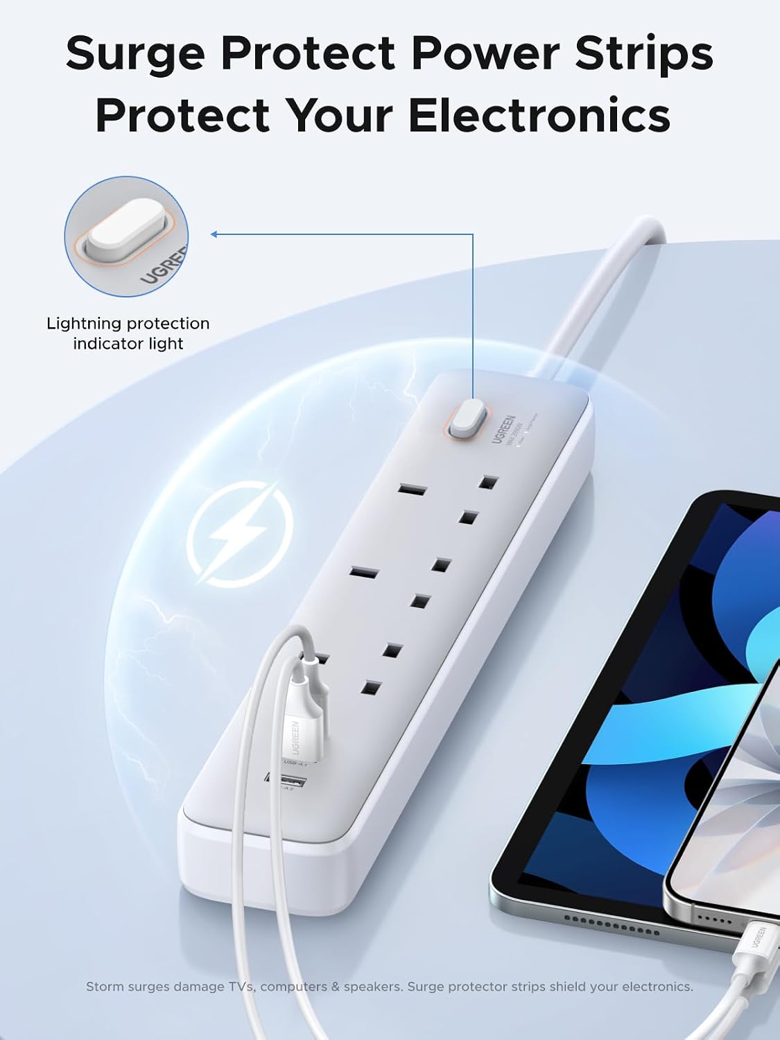 UGREEN GaN 6-in-1 Surge Protector Power Strip with PD30W USB-C (2A1C), Overload/Short-Circuit/Overheat Protection Extension Cord with 3 AC Outlet, UK Plugs with 2M Lead for Home Office Travel, etc