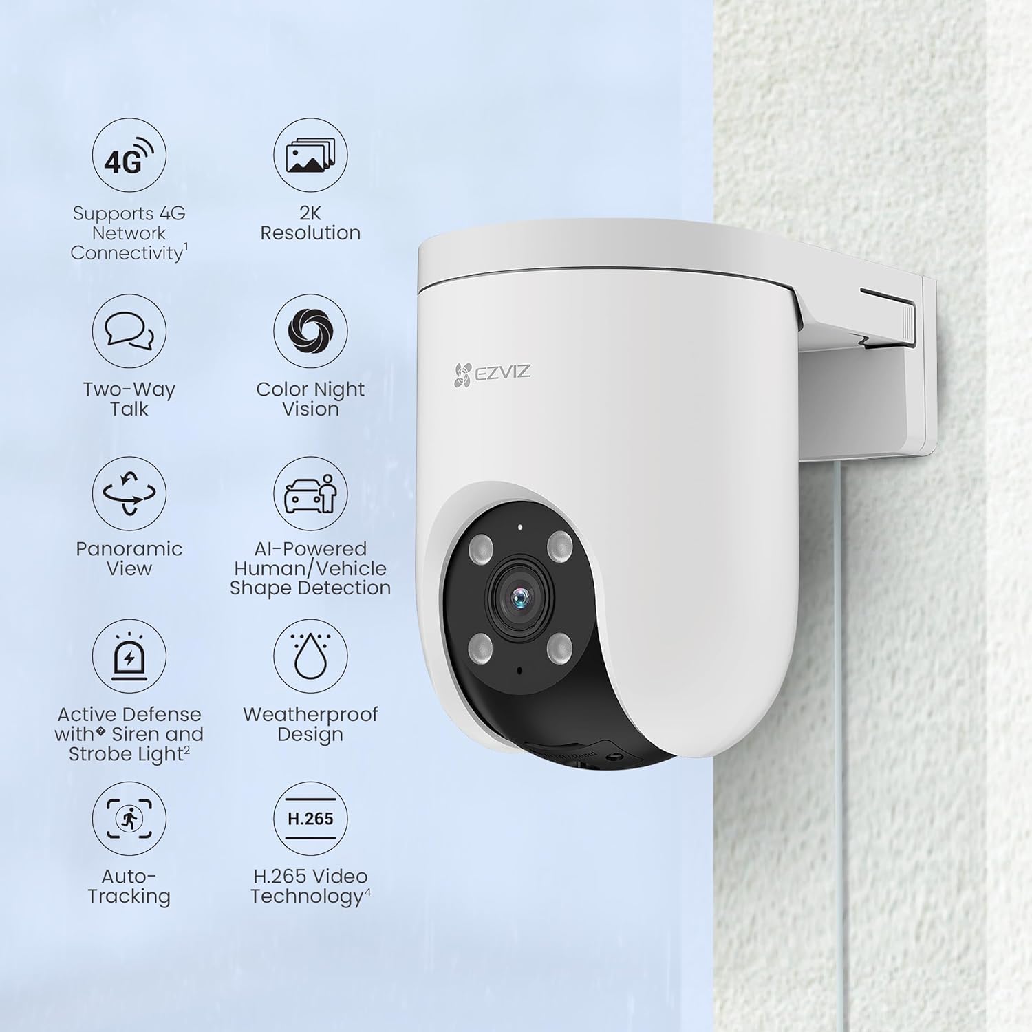 EZVIZ H8C 4G 2K Pan & Tilt 4G Camera with Auto-Tracking, 2 Way Talk, Color Night Vision, Active Defense with Siren & Strobe Light, Weatherproof, H.265 Video, Supports MicroSD Card, White