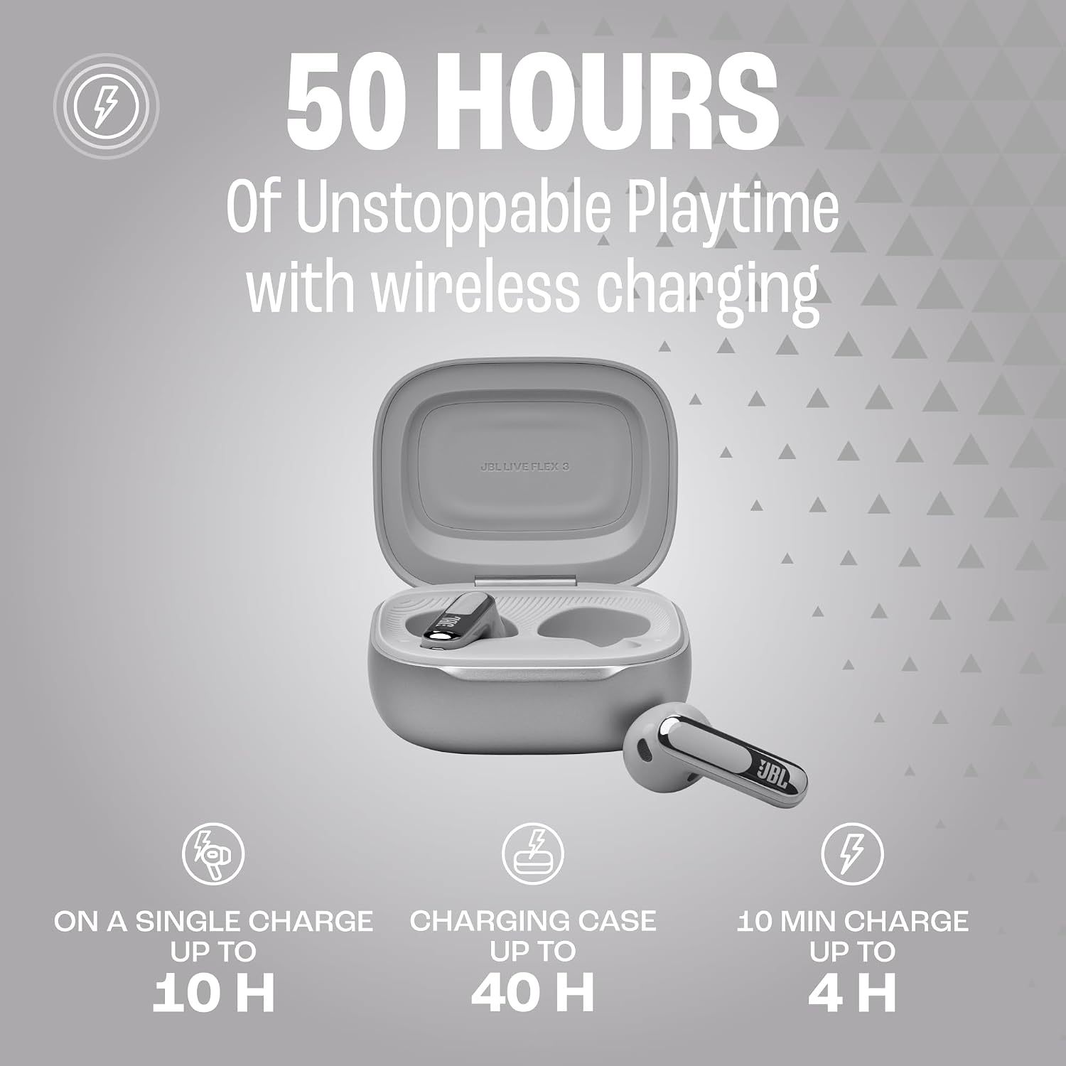 JBL LIVE FLEX 3 True wireless noise-cancelling earbuds with open-stick design and 50 hours total playback plus wireless charging, JBLLIVEFLEX3SIL, Silver