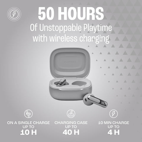 JBL LIVE FLEX 3 True wireless noise-cancelling earbuds with open-stick design and 50 hours total playback plus wireless charging, JBLLIVEFLEX3SIL, Silver