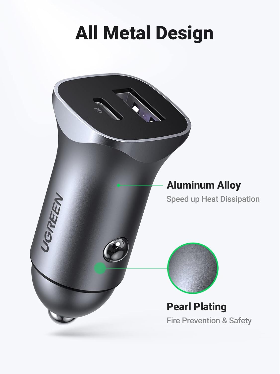 Ugreen fast car charger USB-A/USB-C 30W PD PPS Gray CD130