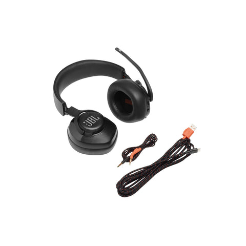 JBL Quantum 300 Hybrid Wired Over-Ear Gaming Headphones with Voice-Focus Flip-Up Mic, QuantumSURROUND Realistic Spatial Soundstage, Lightweight, Memory Foam Comfort, PC and Consoles Compatible - Black