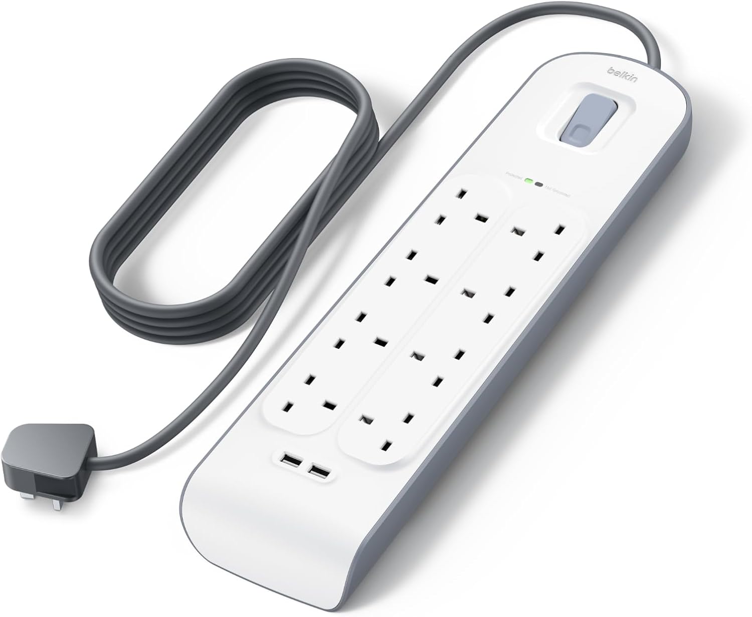 Belkin 8 Way/8 Plug Surge Protection Strip With 2 Meters Cord Length - Heavy Duty Electrical Extension Socket x 2.4 A Shared USB Ports