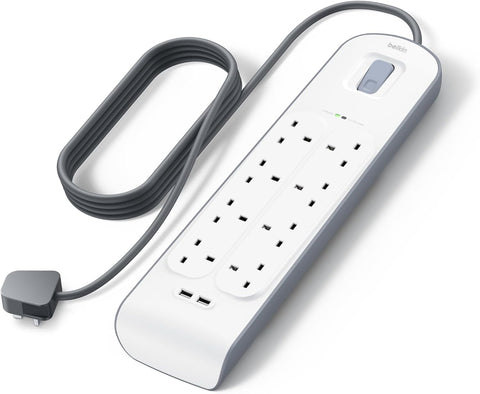 Belkin 8 Way/8 Plug Surge Protection Strip With 2 Meters Cord Length - Heavy Duty Electrical Extension Socket x 2.4 A Shared USB Ports