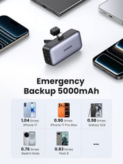 UGREEN Mini Power Bank, 5000mAh with Built-In 3.77mm Long USB C Connector | SCP 22.5W Fast Charging, pocket-sized, charging for iPhone 17/16, Galaxy S26, AirPods, Huawei, for travel/work/outdoor use