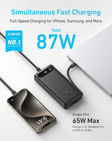 Anker Power Bank, 20,000mAh Portable Charger with Built-in USB-C Cable, 87W Max Fast Charging Battery Pack for Laptop, 2 USB-C and 1 USB-A, for MacBook, iPhone 16/15 Series, Samsung, Switch, and More