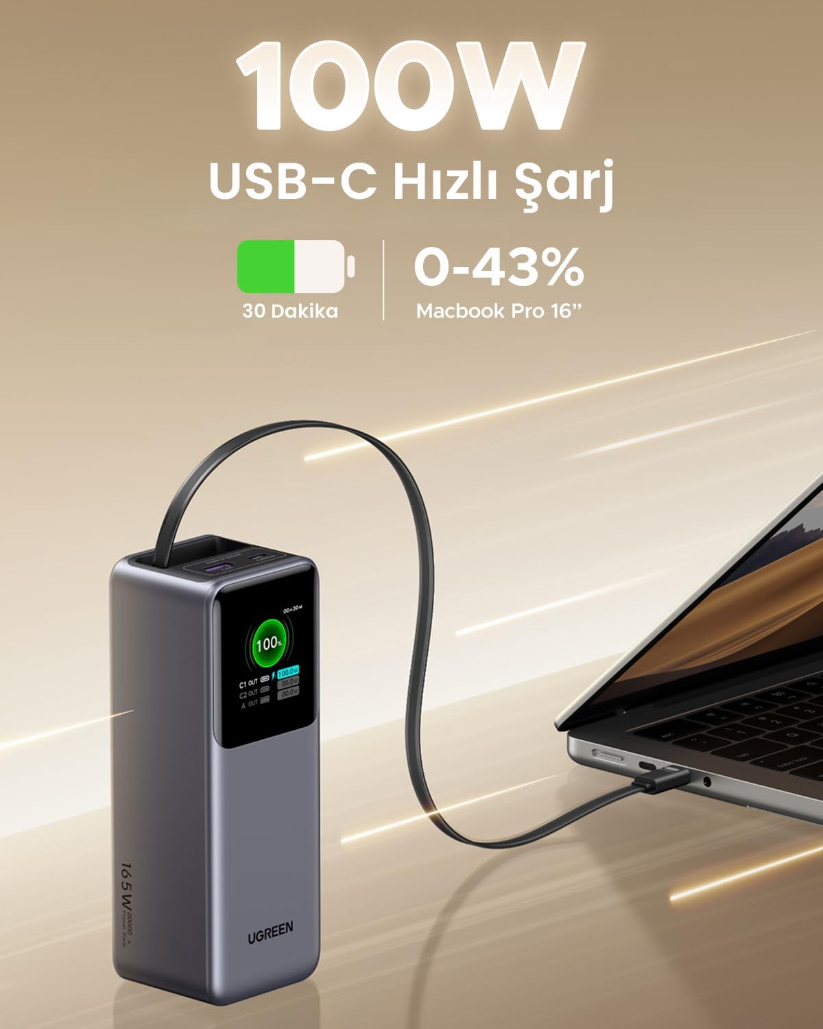 UGREEN Power Bank 20000 MAH PD 165W with Retractable Type C