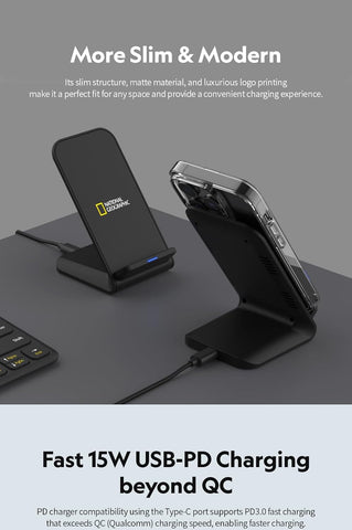 National Geographic Wireless Charger Stand-Slim 15W Fast Charge, Dual Coil, FOD Sensor, Qi Certified For iPhone 16 Pro Max/16 Pro/15/14/13/12/11, Samsung S24/S23/S22, Fold 6/5 Quick Charge