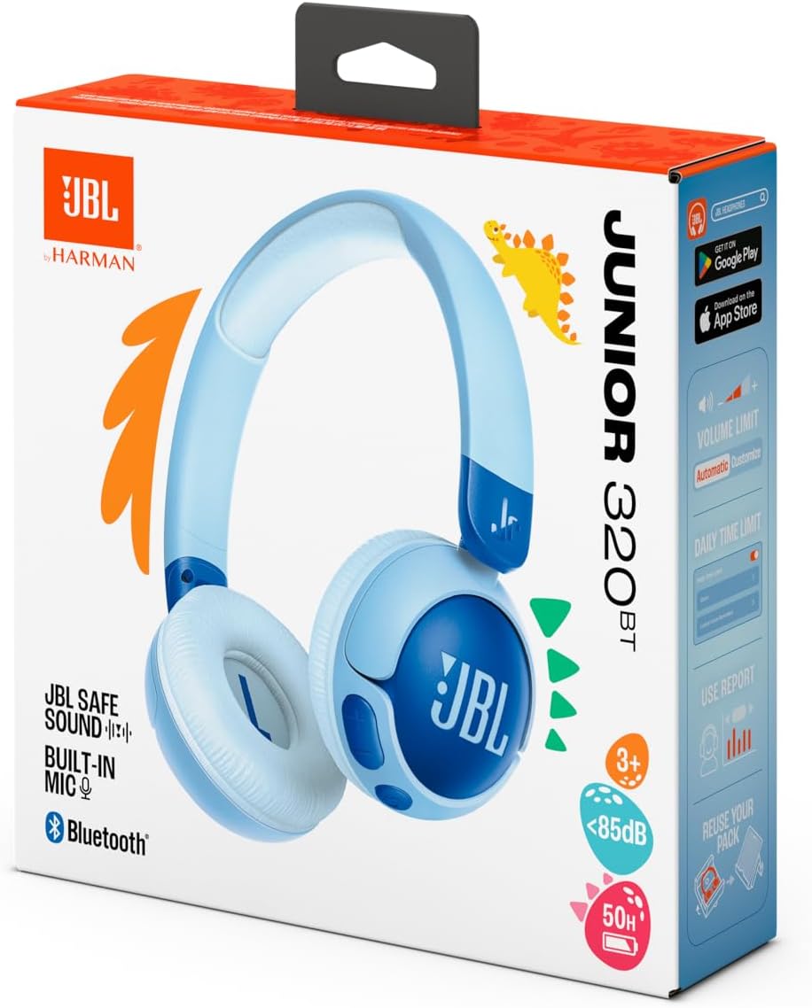 JBL Junior 320 BT Wireless On-Ear Bluetooth Headphones with Built-in Microphone for Kids, 50 Hours Playback, Safe Sound, Low Volume, Easy Operation and Sticker Set, Blue - JBLJR320BTBLU