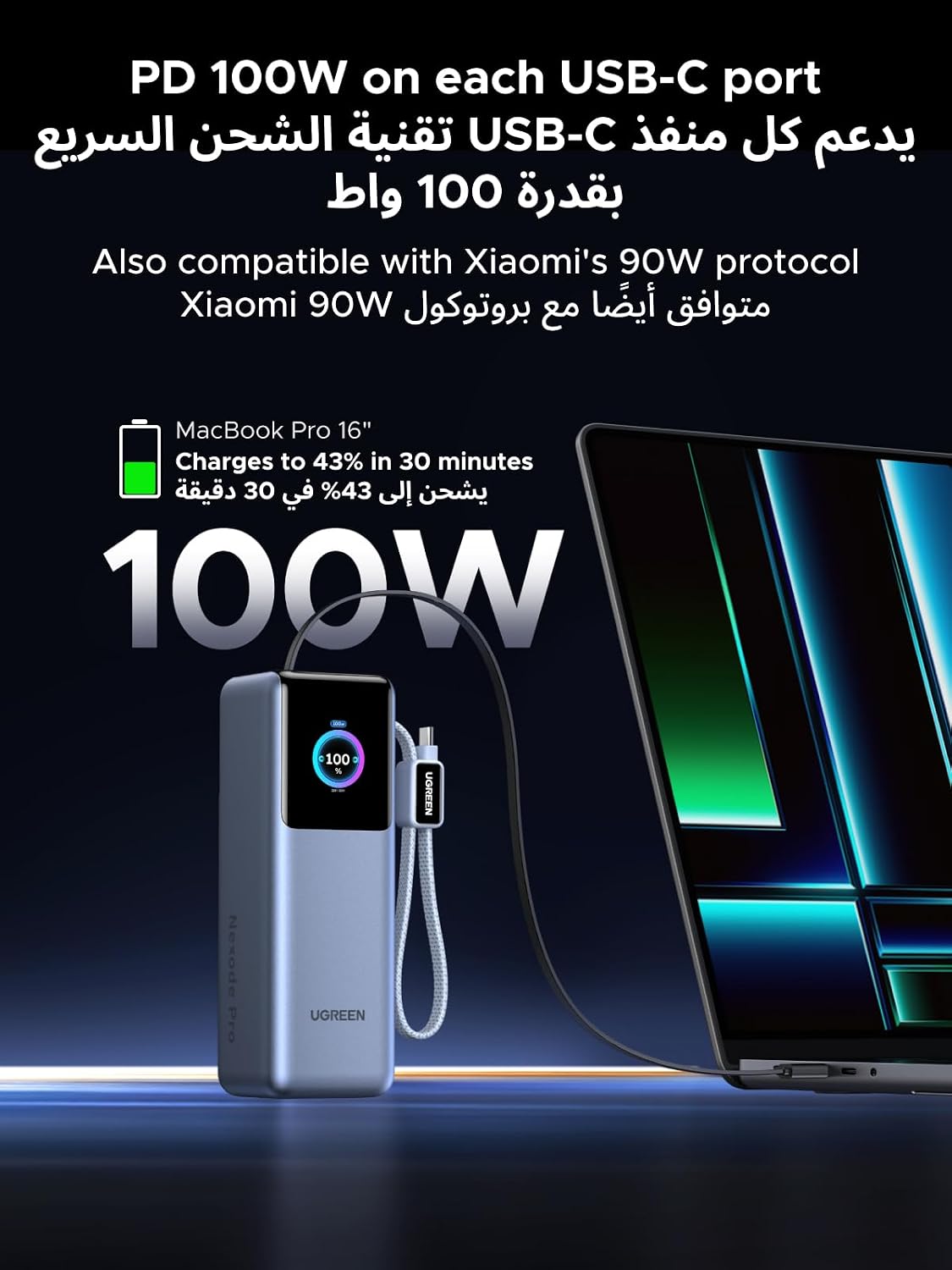 UGREEN Power Bank 25000mAh 200W Fast Portable Charger for Dual Laptops | Nexode Pro,flight-safe, 200W total output, built-in+retract cables, smart display, 4-device charge,for Macbook/iPad/iPhone.