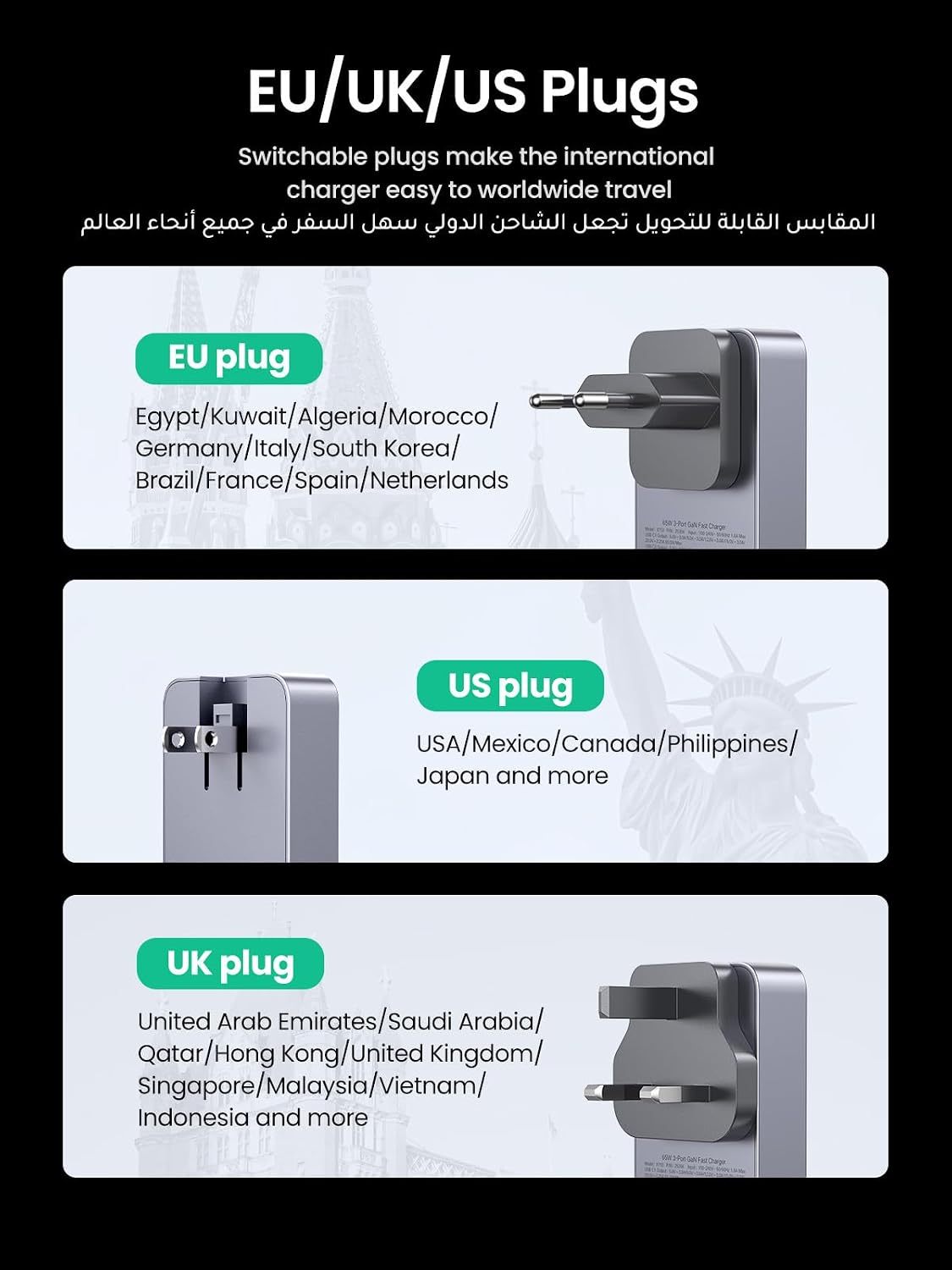 UGREEN Nexode Pro 65W USB-C Charger,Travel Adapter with UK/EU Plug GaN II 3-Port Ultra-Slim Type C Fast Wall Charge Laptop Charging Compatible for MacBook Air,Dell XPS,iPad, iPhone 17,Galaxy S25 Ultra