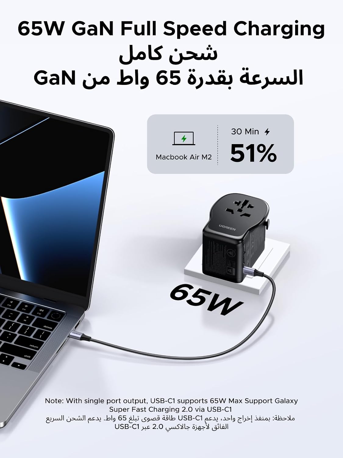 UGREEN GaN Universal Travel Adapter Worldwide Plug with 3 USB Ports PD 65W | GaN International Charger, 65W USB Fast Charging, 2 USB-C+1 USB-A Ports, Power 4 Devices Simultaneously, Broad Compatibility
