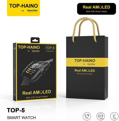 Haino Teko Germany TOP-5 Smart Watch with Curved Glass Screen Real AMOLED Display Square Touch Screen and AOD (Always On Display) Fitness Tracker Watch Made With Carbon Neutral Material 3 Pairs Strap