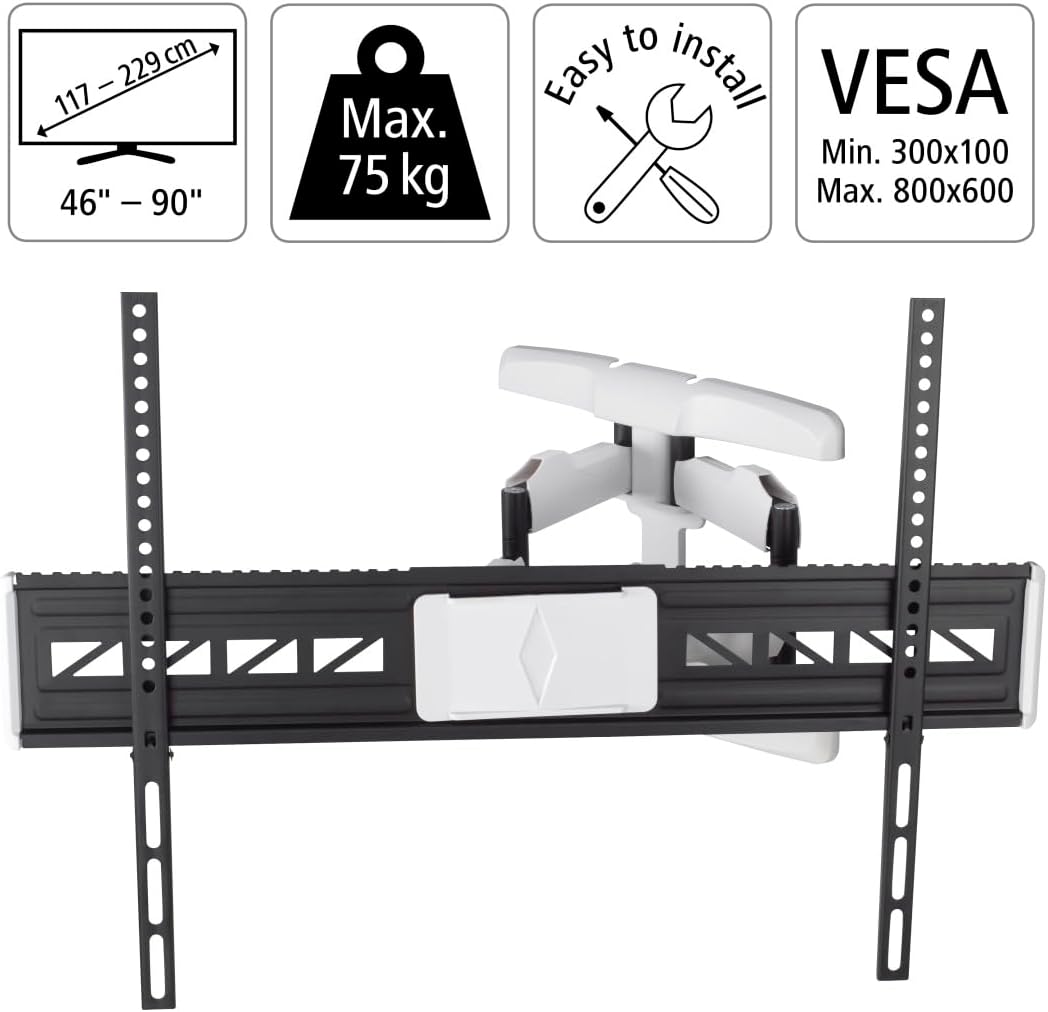 Hama Full Motion TV Wall Mount, 46–90 Inch (117–229 cm), Swivel 120°, Tilt +2°/-10°, Extendable Arm, VESA 300x100–800x600, Max 75 kg Heavy Duty, with Cable Management & Drilling Template, Black/White