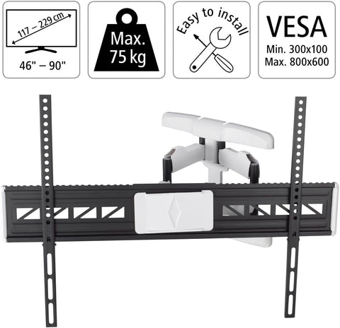 Hama Full Motion TV Wall Mount, 46–90 Inch (117–229 cm), Swivel 120°, Tilt +2°/-10°, Extendable Arm, VESA 300x100–800x600, Max 75 kg Heavy Duty, with Cable Management & Drilling Template, Black/White