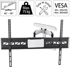 Hama Full Motion TV Wall Mount, 46–90 Inch (117–229 cm), Swivel 120°, Tilt +2°/-10°, Extendable Arm, VESA 300x100–800x600, Max 75 kg Heavy Duty, with Cable Management & Drilling Template, Black/White