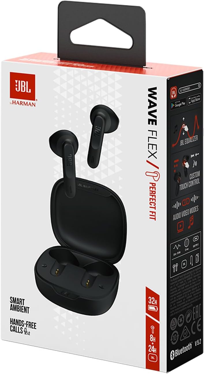 JBL Wave Flex True Wireless Earbuds, Deep Base Sound, Comfortable Fit, 32H Battery, Smart Ambient + Talkthru, Hands-Free Call, VoiceAware, Water and Dust Resistant - Black, JBLWFLEXBLK, Standard