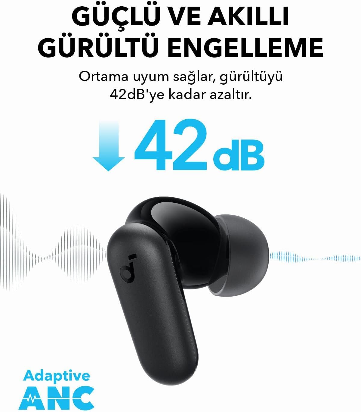 Soundcore by Anker R50i NC Wireless Bluetooth Earphones, Powerful and Smart Noise Cancelling, Powerful Bass, 45 Hours Playtime, 2-in-1 Case and Phone Stand, IP54, Bluetooth 5.4, Black
