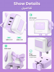 UGREEN UNO 65W USB C Charger 3-Port Nexode GaN Fast Charge Wall Plug Funny LED Display Compact Type-C Power Adapter Compatible for MacBook/HP/Dell/Lenovo, iPhone 17 Pro Max, Galaxy S25 Ultra- Purple