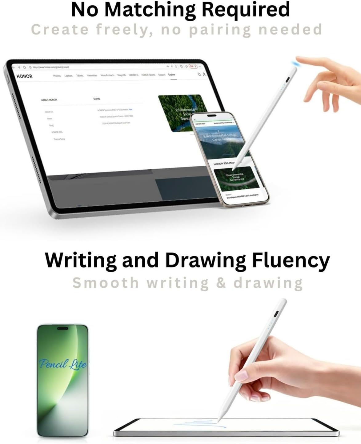 HONOR CHOICE Amork Pencil Lite Universal Capacitive Stylus Pen, Magnetic Attachment, USB-C Charging, 8-Hour Battery Life, Includes Spare Tip, White