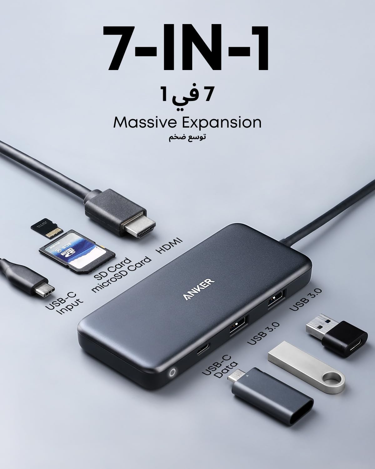 Anker 341 USB-C Hub (7-in-1) with 4K HDMI, 100W Power Delivery, USB-C and 2 USB-A 5 Gbps Data Ports, microSD and SD Card Reader, for MacBook Air, MacBook Pro, XPS, and More