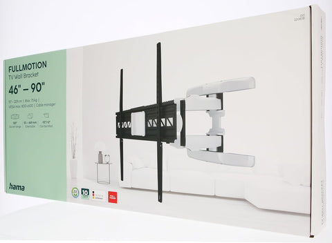 Hama Full Motion TV Wall Mount, 46–90 Inch (117–229 cm), Swivel 120°, Tilt +2°/-10°, Extendable Arm, VESA 300x100–800x600, Max 75 kg Heavy Duty, with Cable Management & Drilling Template, Black/White