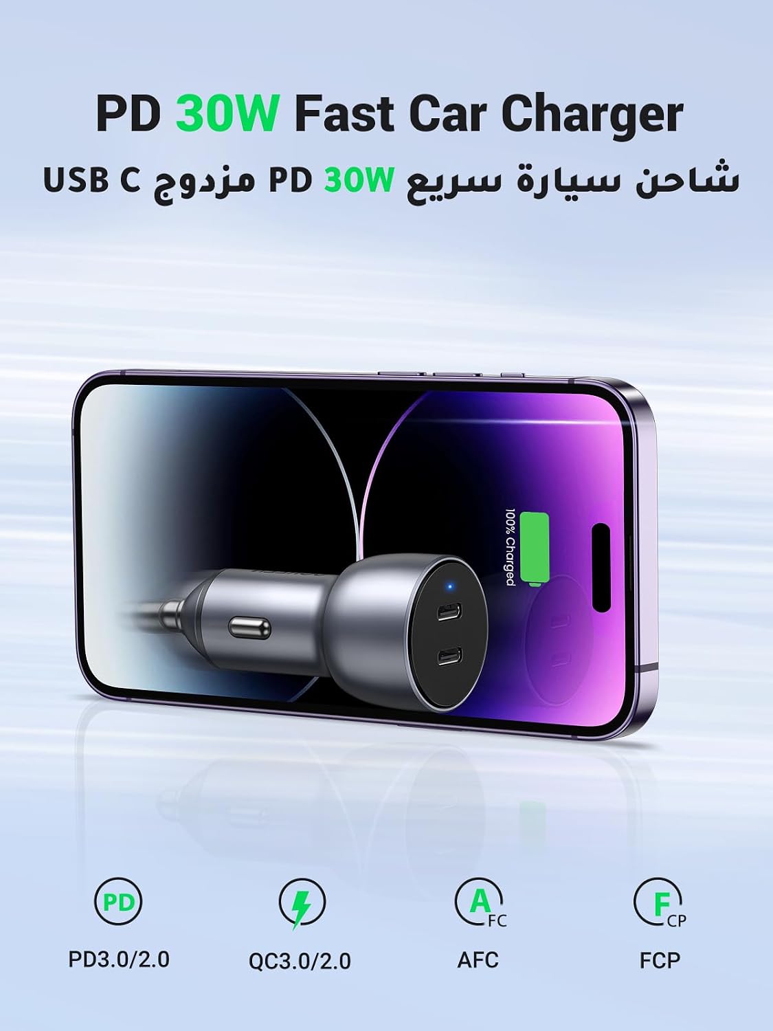 UGREEN Car Charger Fast Charging 60W 2×USB C Port for iPhone，Samsung | Works seamlessly with iPhone,Samsung,MacBook,and all USB-C/A devices,Charge 2 devices simultaneously,for daily commute