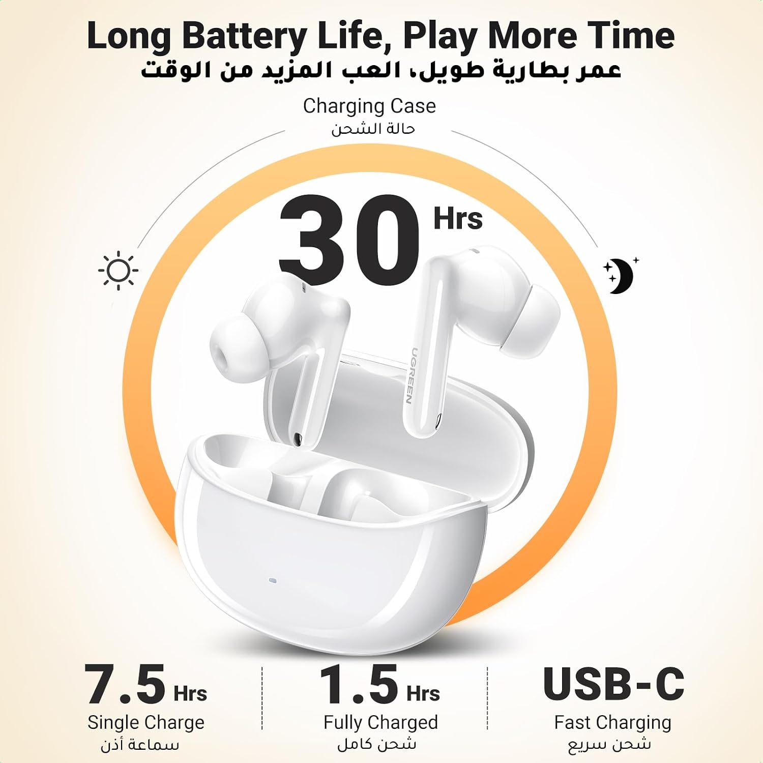 UGREEN HiTune T3 Pro Bluetooth 5.4 Earbuds, Active Noise Cancellation Earphones, 4 Mics ENC Clear Call Headsets, 30H Playtime USB C Fast Charging, IPX5 Waterproof, Customised APP 2 Devices Connection