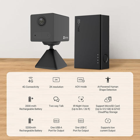 EZVIZ 2K 4G Wireless Indoor Camera + External Battery, AOV Mode, Person Detection, SD Card up to 512GB (Not Included), Time-Lapse Video, Two-Way Audio, Compact Design, CB2 Kit Black