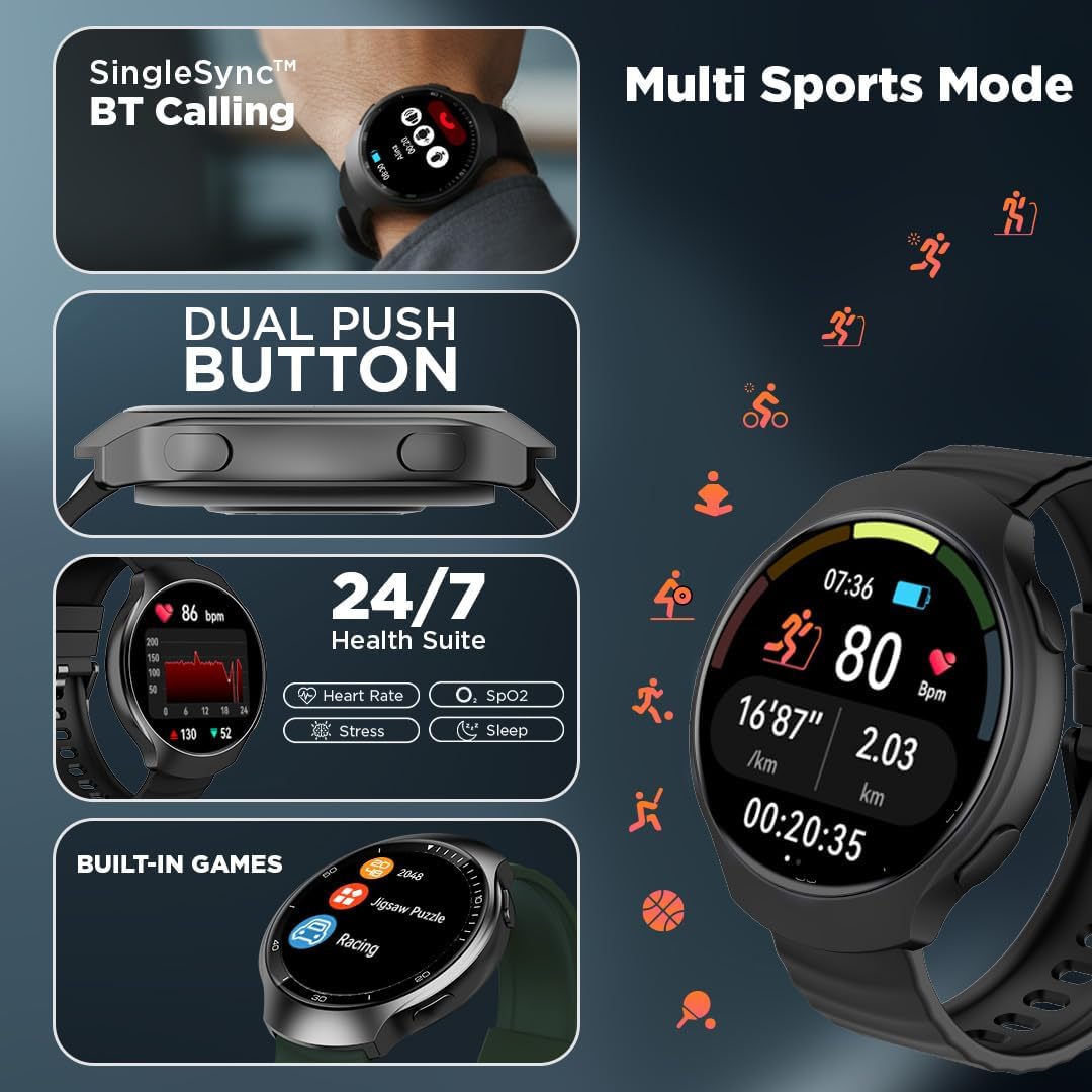Fastrack VOX CirQ Smart Watch with AI Chat & AI Watchfaces, 1.38” TFT Display, Ripple Design, BT Calling, 24/7 Health Suite, SpO2, HRM, Sleep Tracking, IP68 Water Resistant - Onyx Black