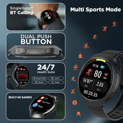 Fastrack VOX CirQ Smart Watch with AI Chat & AI Watchfaces, 1.38” TFT Display, Ripple Design, BT Calling, 24/7 Health Suite, SpO2, HRM, Sleep Tracking, IP68 Water Resistant - Onyx Black