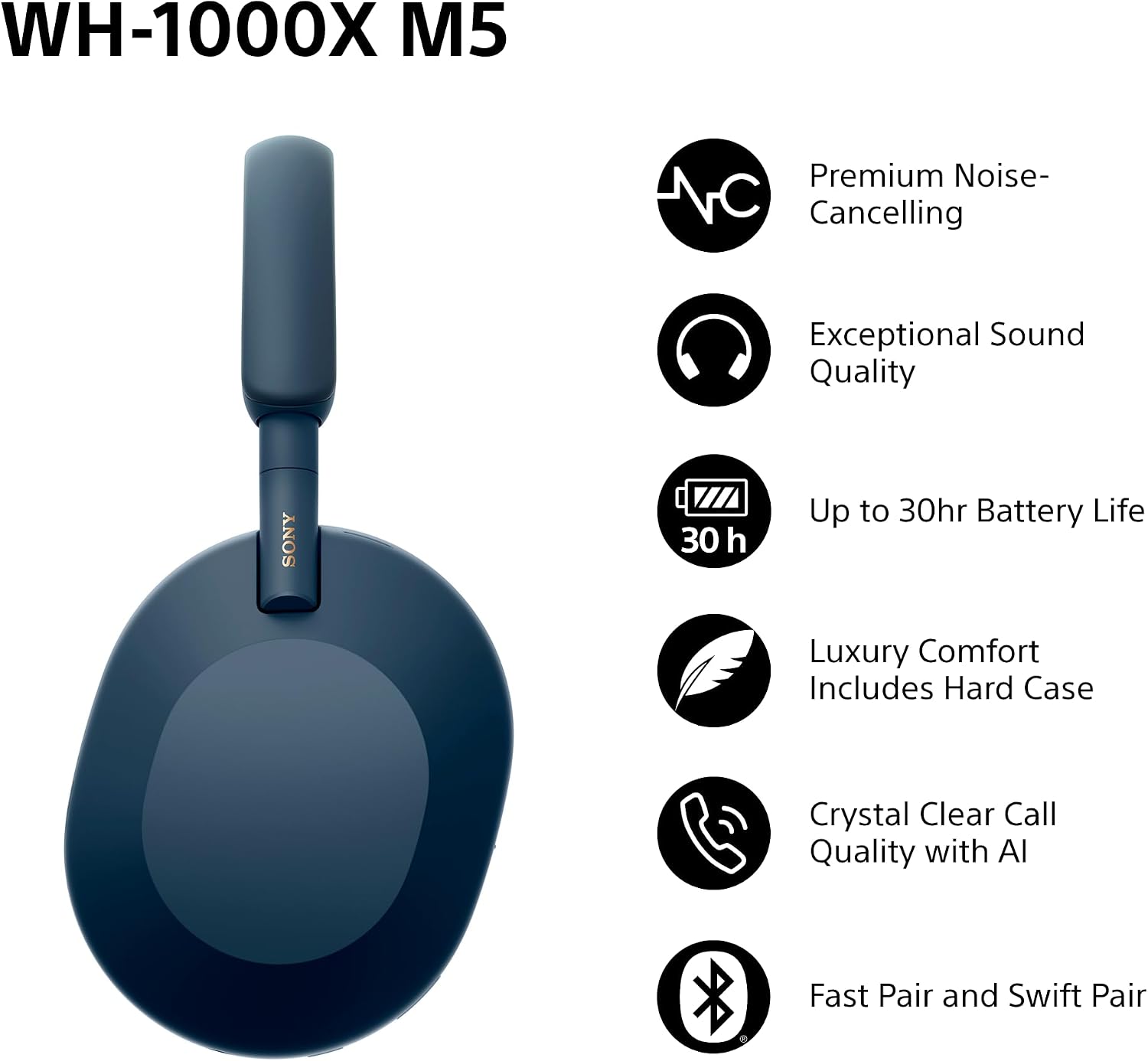 Sony WH-1000XM5 Wireless Noise Cancelling Headphones (30h Battery, Touch Sensor, Quick Charge Function, Optimised for Amazon Alexa, Headset with Microphone) Midnight Blue, Blue