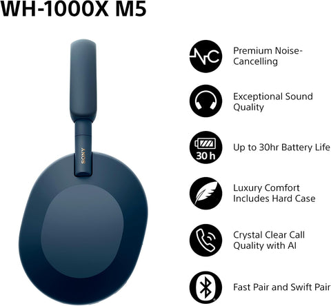 Sony WH-1000XM5 Wireless Noise Cancelling Headphones (30h Battery, Touch Sensor, Quick Charge Function, Optimised for Amazon Alexa, Headset with Microphone) Midnight Blue, Blue