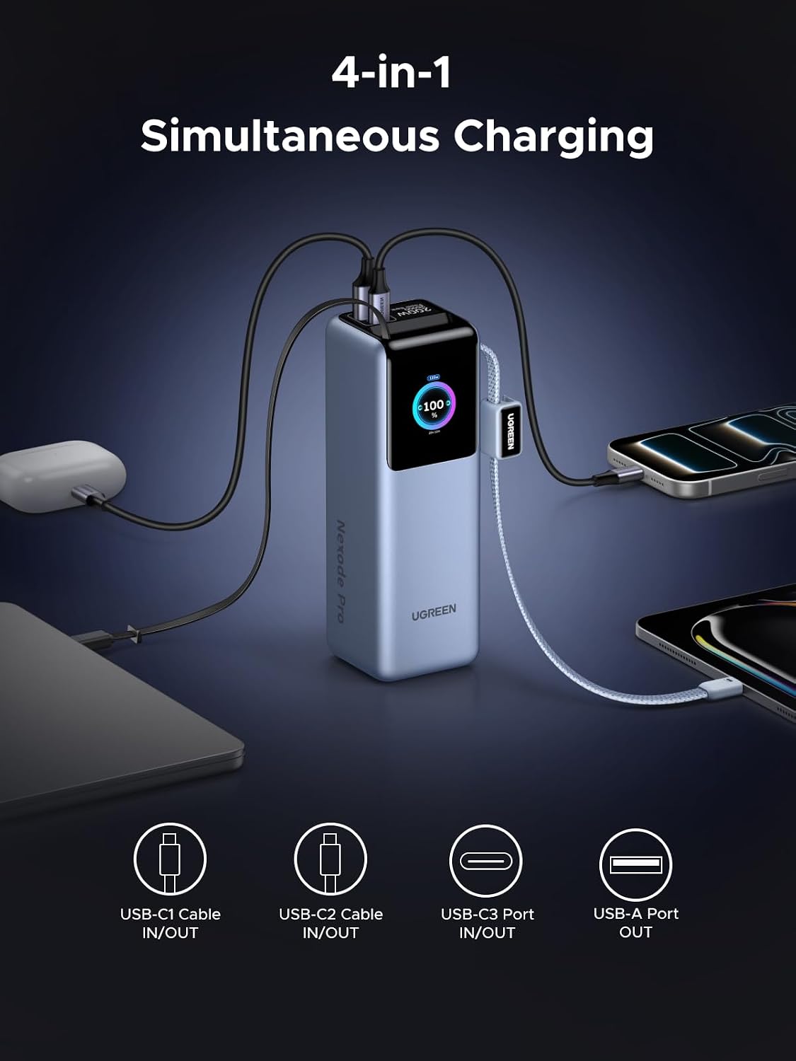 UGREEN Power Bank 25000mAh 200W Fast Portable Charger for Dual Laptops | Nexode Pro,flight-safe, 200W total output, built-in+retract cables, smart display, 4-device charge,for Macbook/iPad/iPhone.