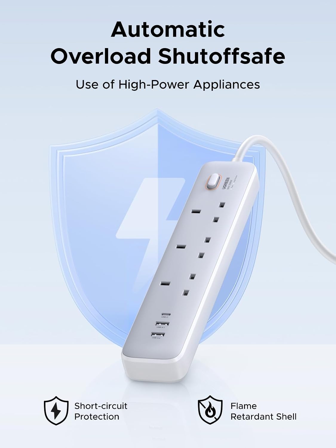 UGREEN GaN 6-in-1 Surge Protector Power Strip with PD30W USB-C (2A1C), Overload/Short-Circuit/Overheat Protection Extension Cord with 3 AC Outlet, UK Plugs with 2M Lead for Home Office Travel, etc