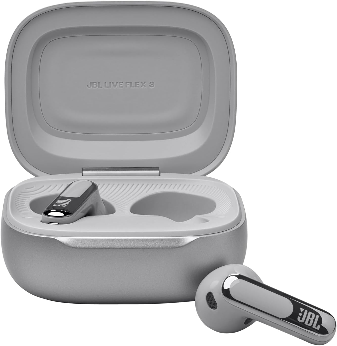 JBL LIVE FLEX 3 True wireless noise-cancelling earbuds with open-stick design and 50 hours total playback plus wireless charging, JBLLIVEFLEX3SIL, Silver