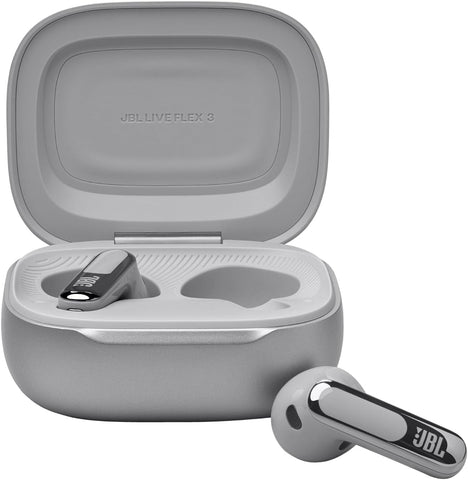 JBL LIVE FLEX 3 True wireless noise-cancelling earbuds with open-stick design and 50 hours total playback plus wireless charging, JBLLIVEFLEX3SIL, Silver