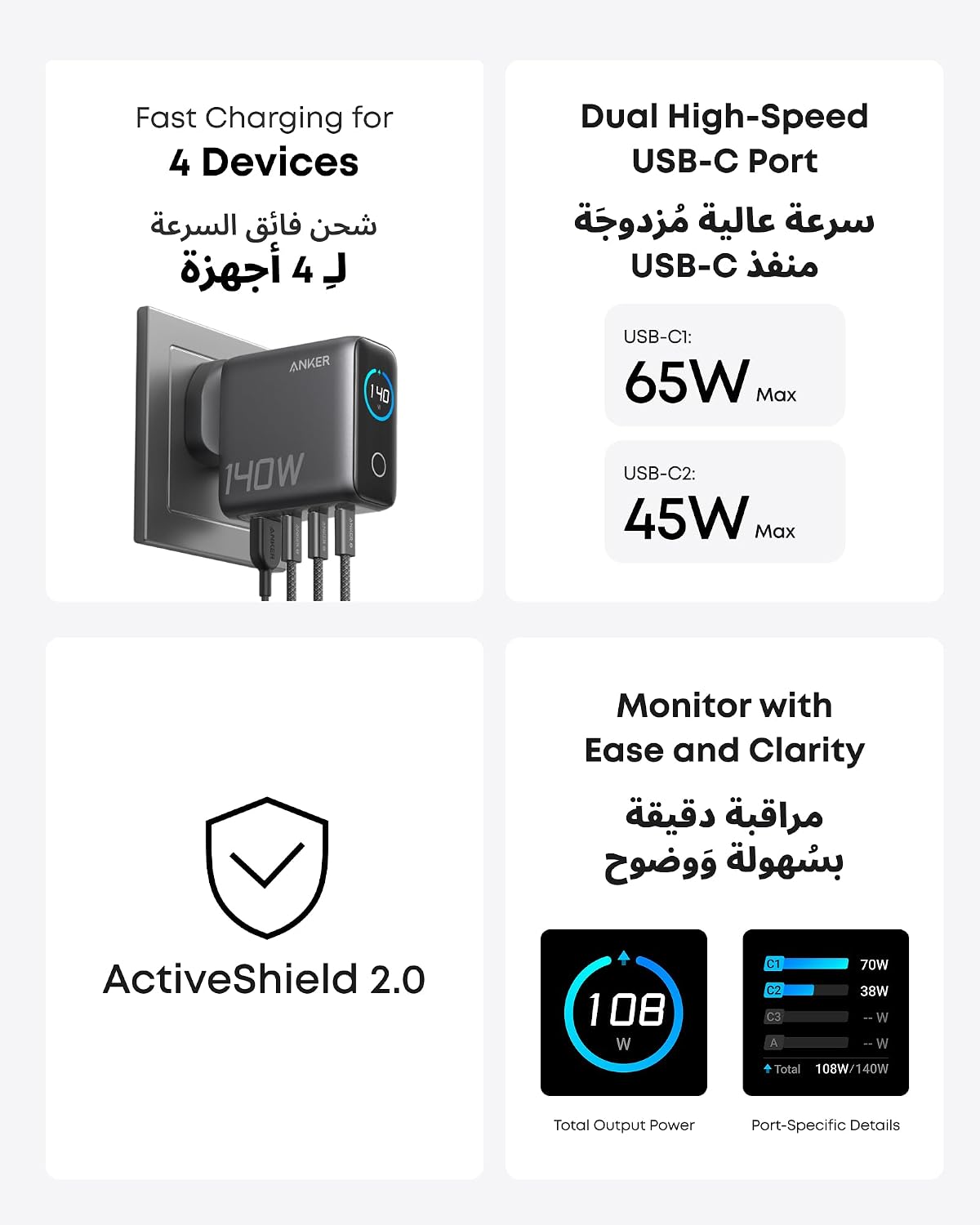 Anker 140W USB C Charger, Laptop Charger, 4-Port Multi-Device Fast Charging, Advanced GaN Power Adapter, Intuitive Touch Controls, Compatible with MacBook, iPhone 17 Series, Samsung, Pixel, and More
