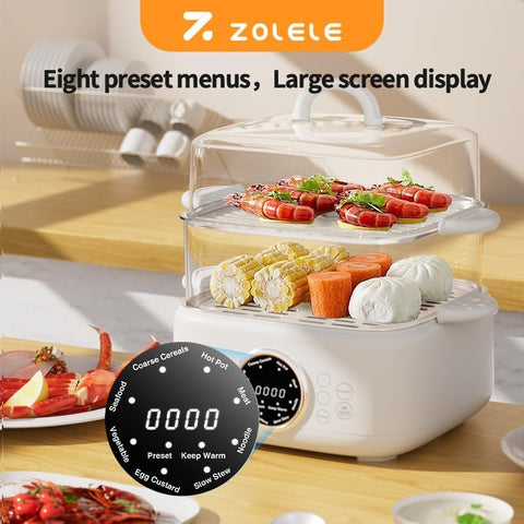 ZOLELE ES931 Electric Steamer 9.3L Large Capacity 3-Tier Steamer with Removable Inner Liner, Non-Stick Ceramic Coating Built-in Timer Easy to Clean Healthy Cooking for Vegetables Fish and Meat - White