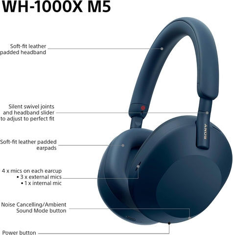 Sony WH-1000XM5 Wireless Noise Cancelling Headphones (30h Battery, Touch Sensor, Quick Charge Function, Optimised for Amazon Alexa, Headset with Microphone) Midnight Blue, Blue