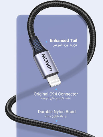 UGREEN iPhone Charger Lightning Cable 2M for iPhone 17/16/15/14/13/12/11/10 | [MFi Certified],Design for iPhone & iPad,PD20W Fast iphone charger cable,Premium nylon braided,Reliable Aluminum Alloy