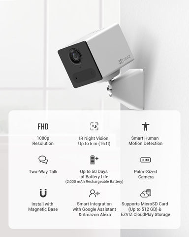 EZVIZ CB2 Security Camera with Battery, 1080p WiFi camera, Mini Camera with Smart Human Motion Detection, Two Way Talk with Magnetic Base, Night Vision, Supports Cloud & SD card Storage(White)