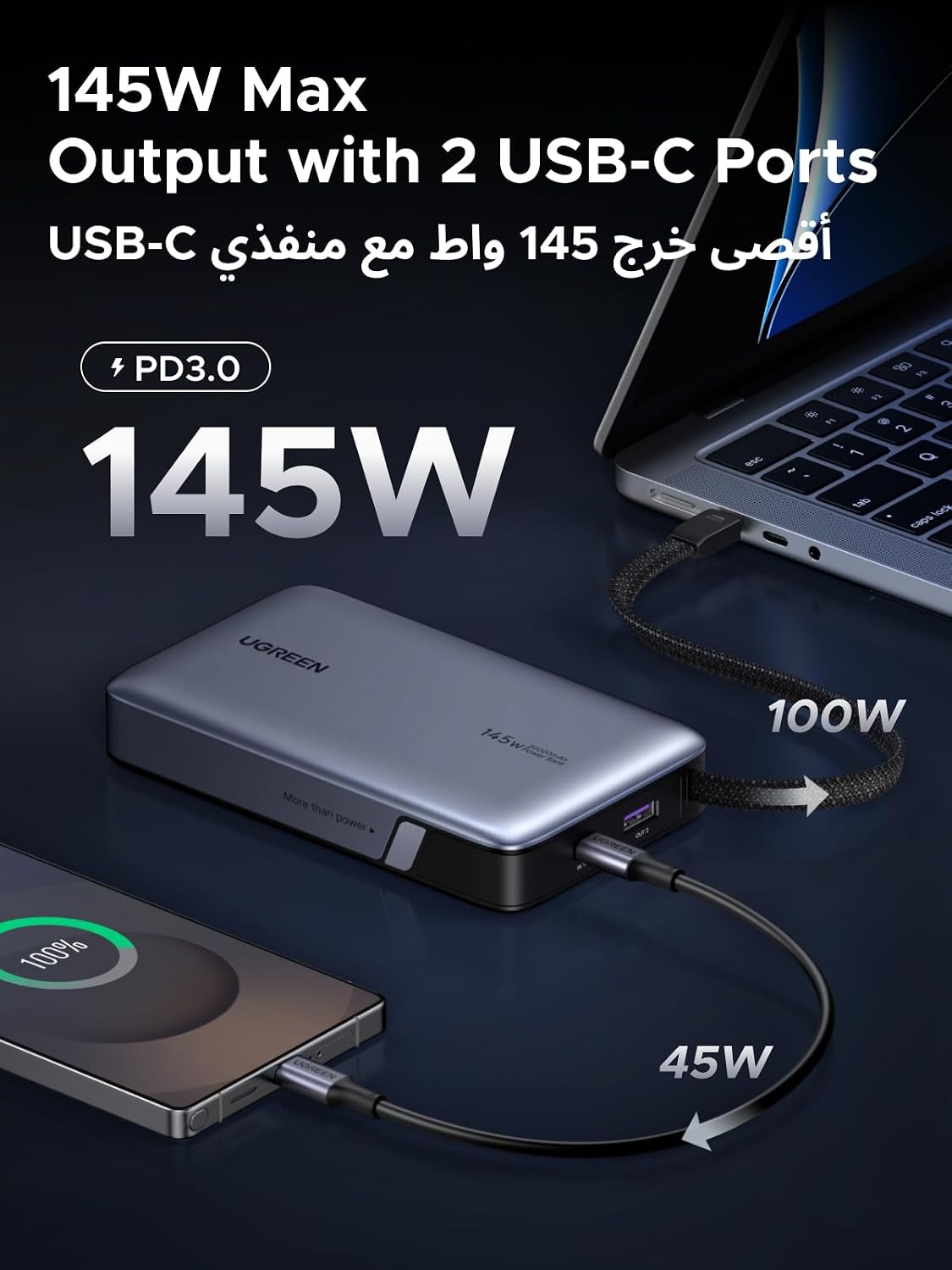 UGREEN Nexode 20000mAh 145W Power Bank Laptop Charger with Built-in Cable | High-capacity, 3-device fast charging, dual USB-C ports, flight-safe, digital display, fast-charge Laptops/Phones/Tablets